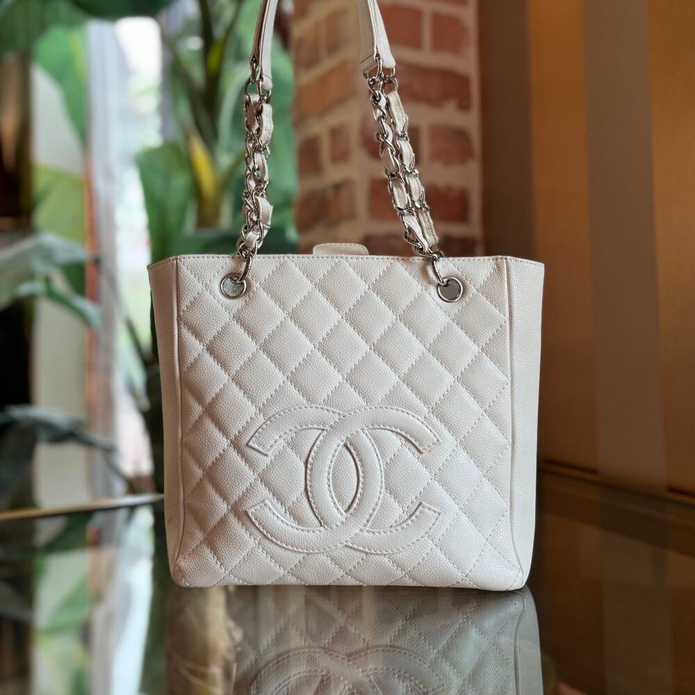 CHANEL Petit Shopping Tote PST White Caviar Quilted Tote